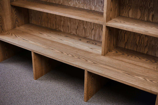 ash bookshelves with bench seat